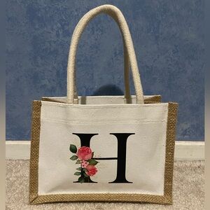 White and Tan Mini Tote Bag Letter “H”